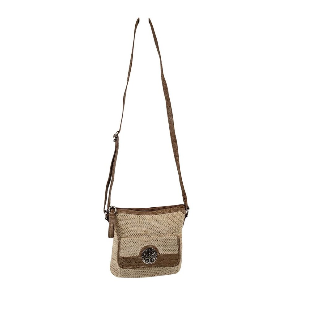 Giani Bernini Beige & Brown Crossbody Bag With Faux Croc Trim & Medallion Accent